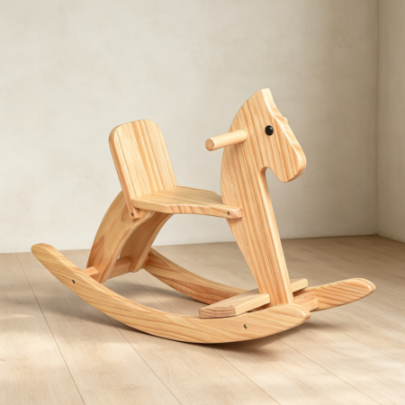 Classic Natural Wooden Rocking Horse with Pedal and Backrest