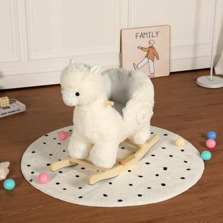 White Alpaca Rocking Horse with Lullaby and Hand Puppets Ages 1-3