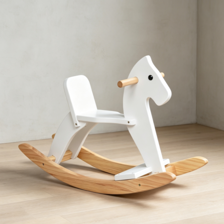 White Classic Solid Wood Rocking Horse with Pedal and Backrest